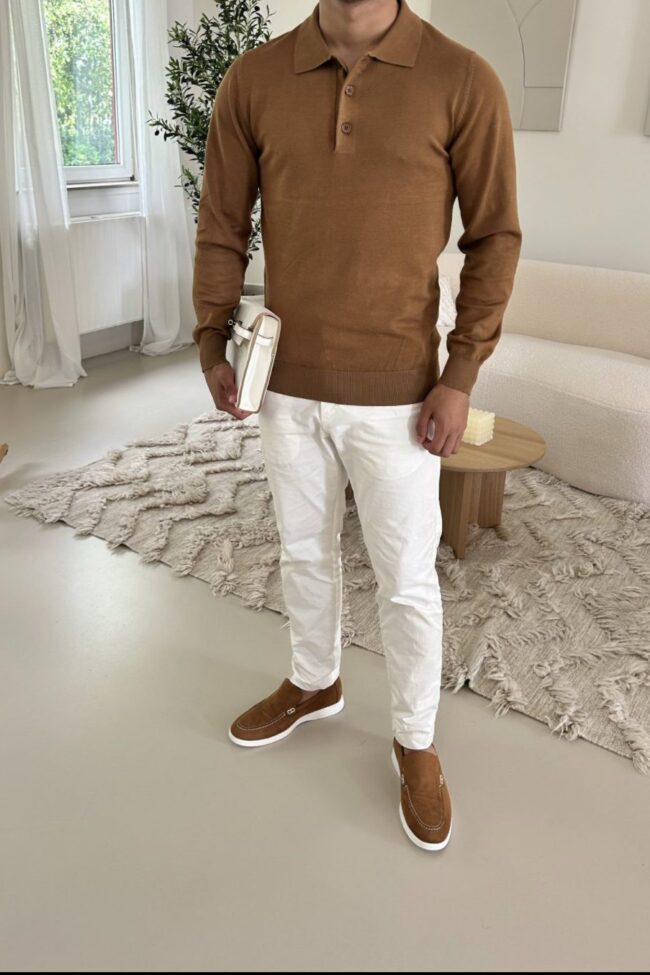 ELEGANCE - LONG SLEEVE POLO CAMEL